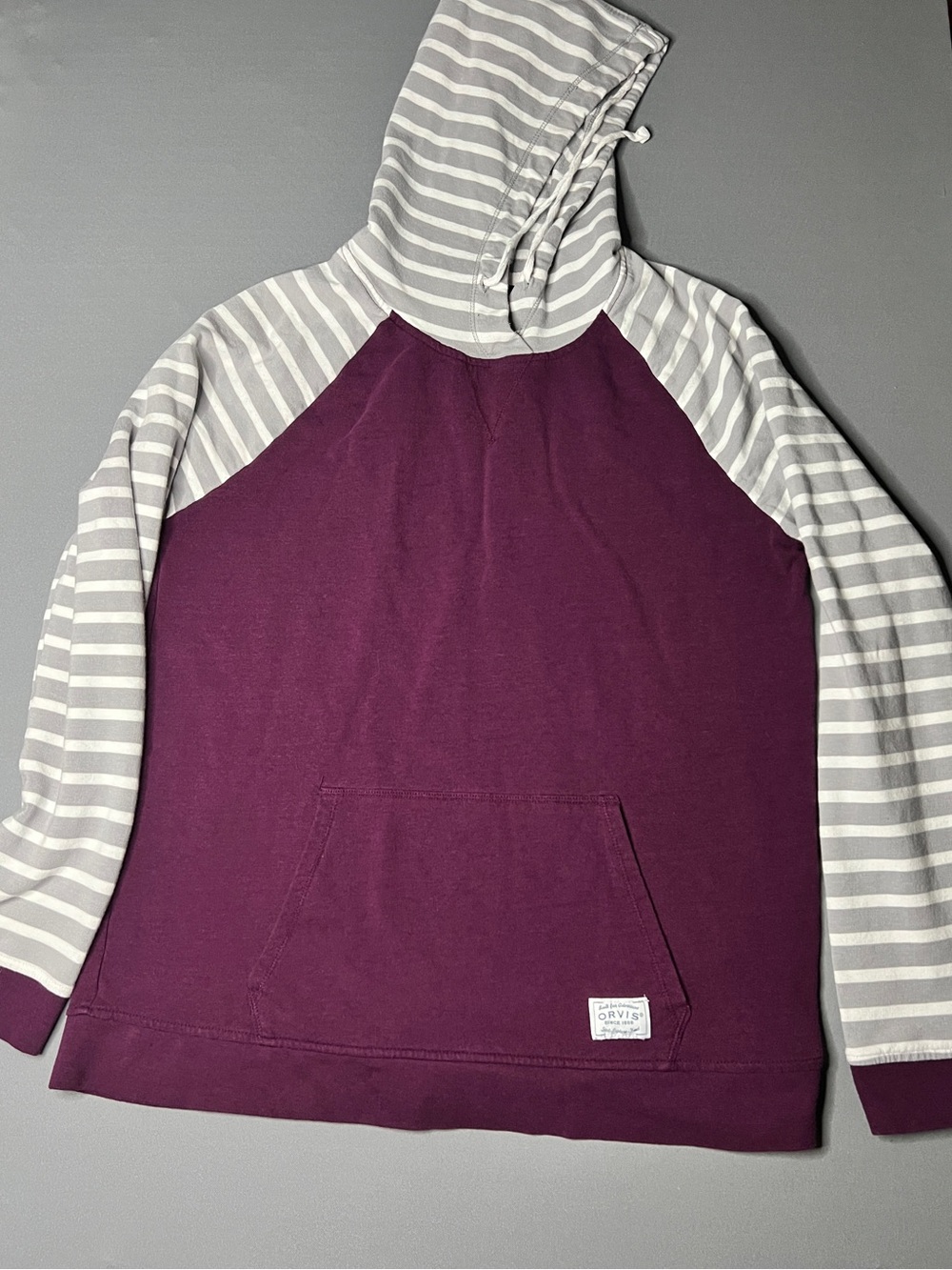 Orvis Women's Plum Raglan Hoodie with Gray-White Striped Sleeves